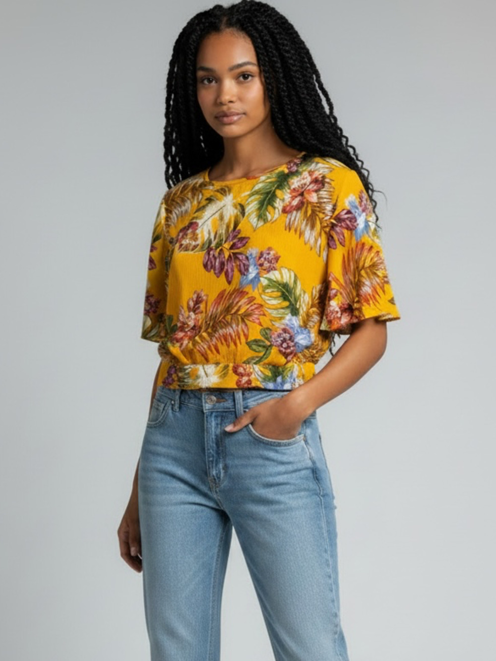 Daily Special Women's Yellow Tropical Floral Tie Back Short Sleeve Crop Top